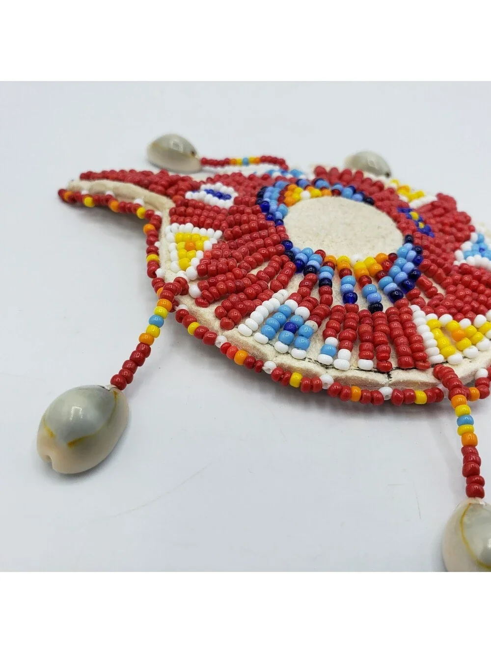 Native American Seed Bead Turtle Fetish Cowrie Shells Leather Red White Blue